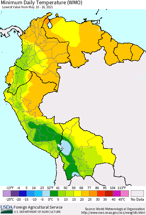 Northern South America Minimum Daily Temperature (WMO) Thematic Map For 5/10/2021 - 5/16/2021