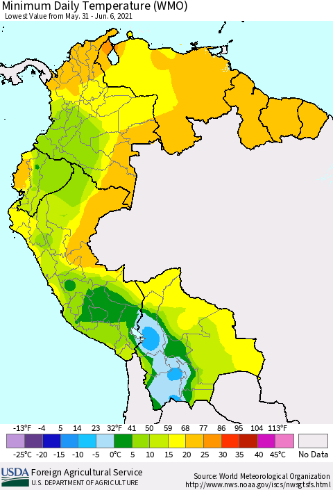 Northern South America Extreme Minimum Temperature (WMO) Thematic Map For 5/31/2021 - 6/6/2021