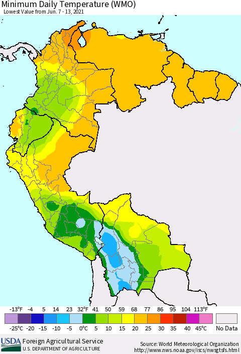 Northern South America Minimum Daily Temperature (WMO) Thematic Map For 6/7/2021 - 6/13/2021