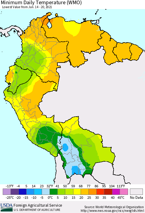 Northern South America Minimum Daily Temperature (WMO) Thematic Map For 6/14/2021 - 6/20/2021
