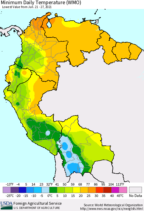 Northern South America Minimum Daily Temperature (WMO) Thematic Map For 6/21/2021 - 6/27/2021