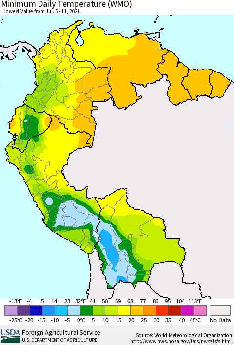 Northern South America Extreme Minimum Temperature (WMO) Thematic Map For 7/5/2021 - 7/11/2021