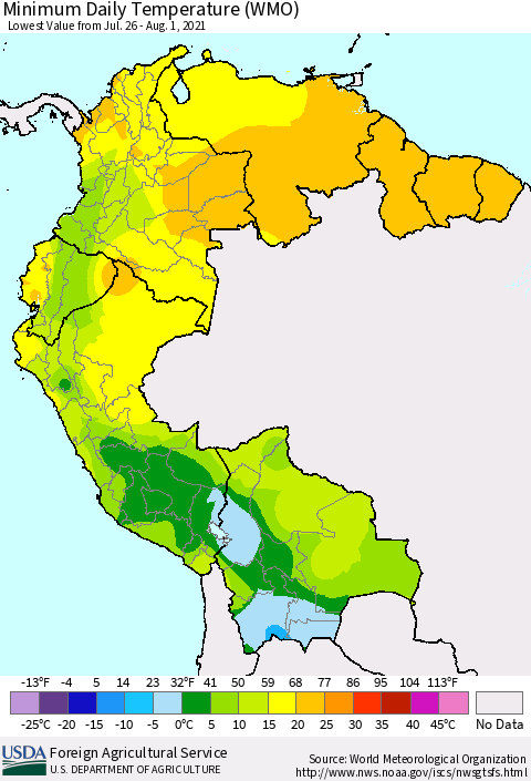 Northern South America Extreme Minimum Temperature (WMO) Thematic Map For 7/26/2021 - 8/1/2021
