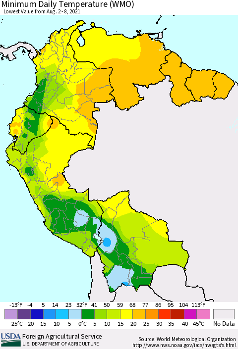 Northern South America Minimum Daily Temperature (WMO) Thematic Map For 8/2/2021 - 8/8/2021
