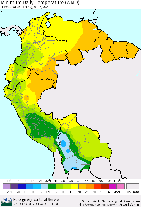 Northern South America Extreme Minimum Temperature (WMO) Thematic Map For 8/9/2021 - 8/15/2021
