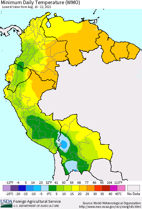 Northern South America Extreme Minimum Temperature (WMO) Thematic Map For 8/16/2021 - 8/22/2021
