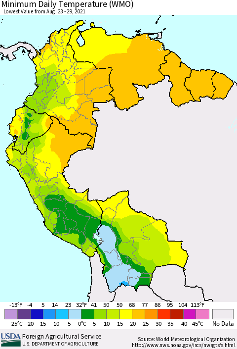 Northern South America Minimum Daily Temperature (WMO) Thematic Map For 8/23/2021 - 8/29/2021