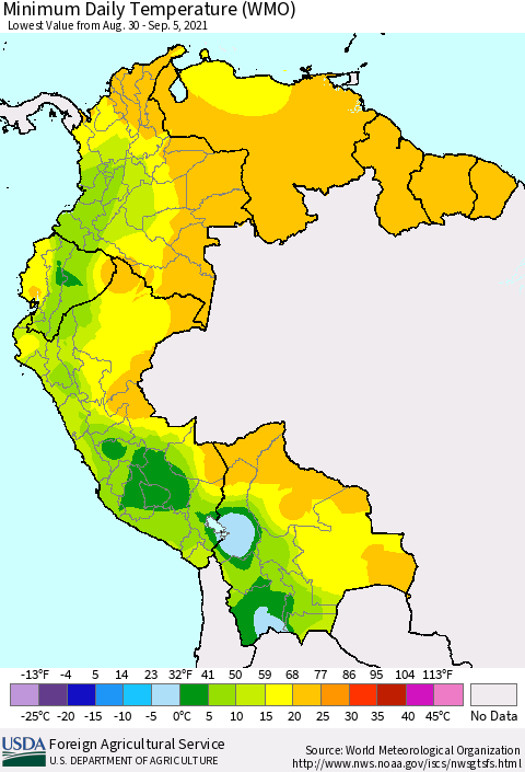 Northern South America Minimum Daily Temperature (WMO) Thematic Map For 8/30/2021 - 9/5/2021