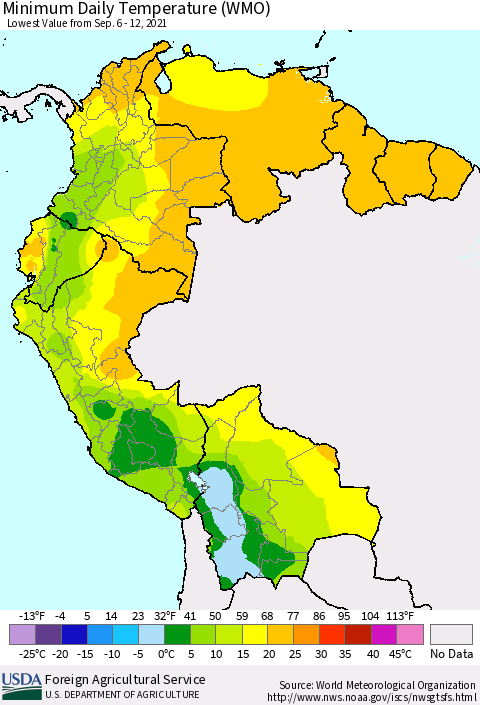 Northern South America Extreme Minimum Temperature (WMO) Thematic Map For 9/6/2021 - 9/12/2021
