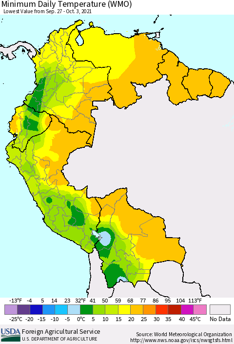 Northern South America Minimum Daily Temperature (WMO) Thematic Map For 9/27/2021 - 10/3/2021