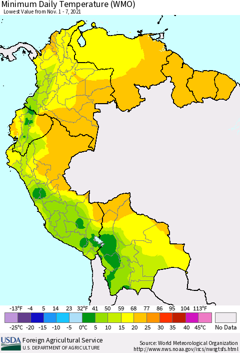 Northern South America Minimum Daily Temperature (WMO) Thematic Map For 11/1/2021 - 11/7/2021