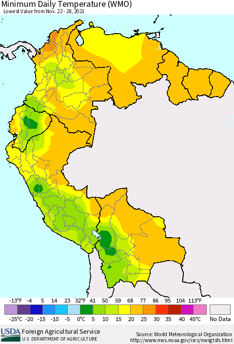 Northern South America Extreme Minimum Temperature (WMO) Thematic Map For 11/22/2021 - 11/28/2021