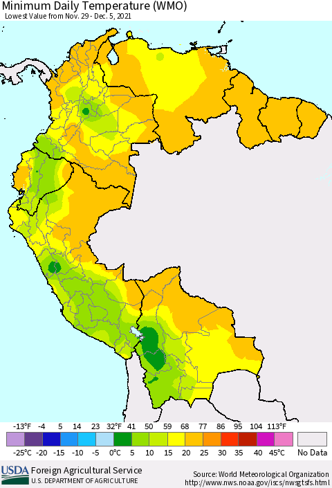 Northern South America Minimum Daily Temperature (WMO) Thematic Map For 11/29/2021 - 12/5/2021