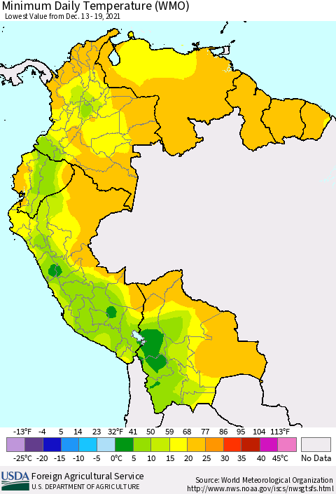 Northern South America Minimum Daily Temperature (WMO) Thematic Map For 12/13/2021 - 12/19/2021
