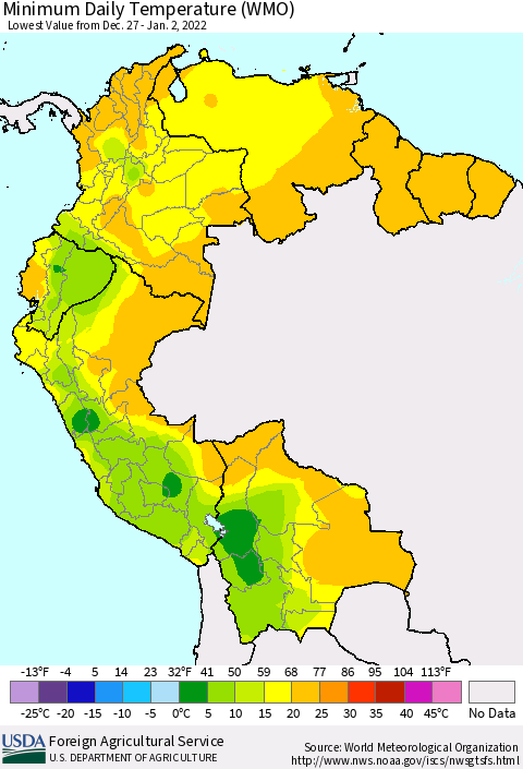Northern South America Minimum Daily Temperature (WMO) Thematic Map For 12/27/2021 - 1/2/2022