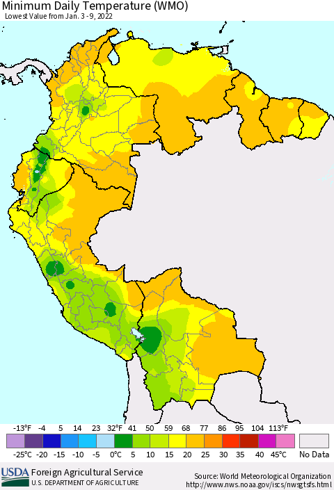 Northern South America Minimum Daily Temperature (WMO) Thematic Map For 1/3/2022 - 1/9/2022