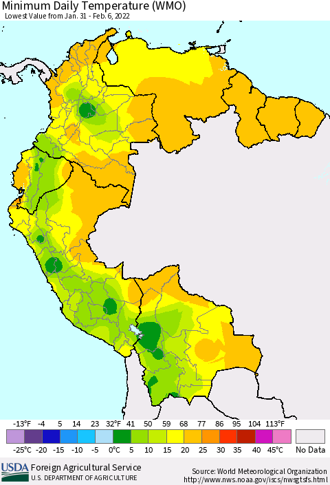 Northern South America Minimum Daily Temperature (WMO) Thematic Map For 1/31/2022 - 2/6/2022