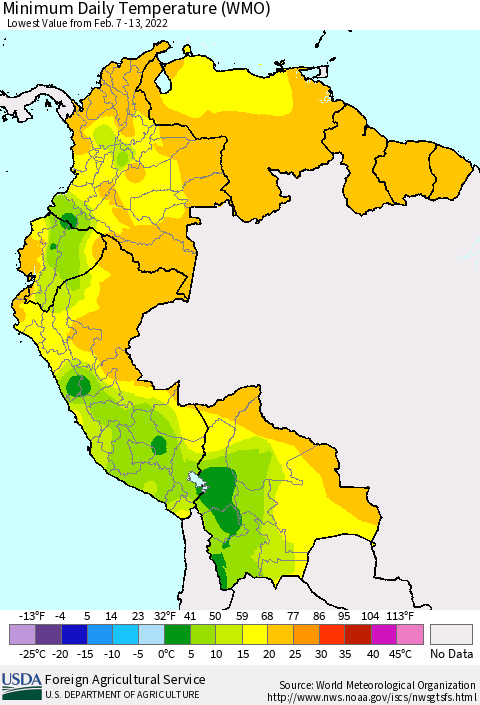 Northern South America Extreme Minimum Temperature (WMO) Thematic Map For 2/7/2022 - 2/13/2022