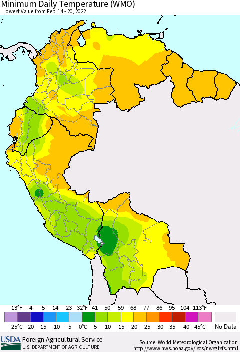 Northern South America Minimum Daily Temperature (WMO) Thematic Map For 2/14/2022 - 2/20/2022