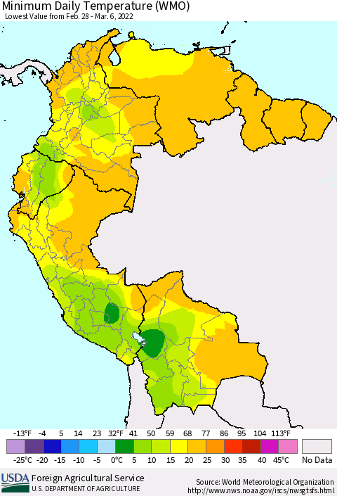 Northern South America Extreme Minimum Temperature (WMO) Thematic Map For 2/28/2022 - 3/6/2022