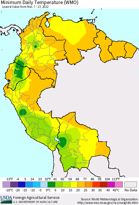 Northern South America Minimum Daily Temperature (WMO) Thematic Map For 3/7/2022 - 3/13/2022