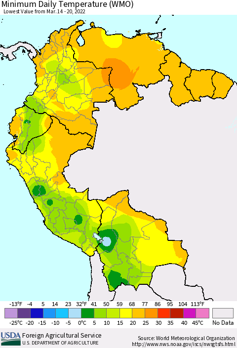 Northern South America Minimum Daily Temperature (WMO) Thematic Map For 3/14/2022 - 3/20/2022