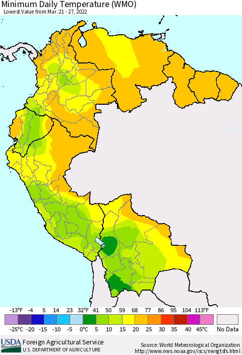 Northern South America Extreme Minimum Temperature (WMO) Thematic Map For 3/21/2022 - 3/27/2022