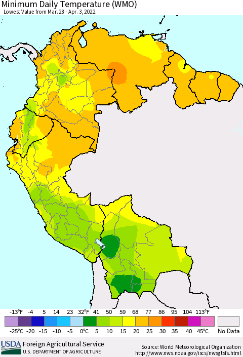 Northern South America Minimum Daily Temperature (WMO) Thematic Map For 3/28/2022 - 4/3/2022