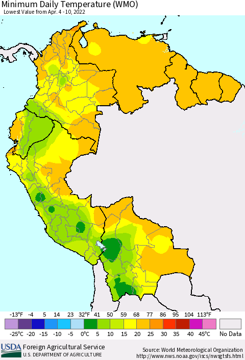 Northern South America Extreme Minimum Temperature (WMO) Thematic Map For 4/4/2022 - 4/10/2022