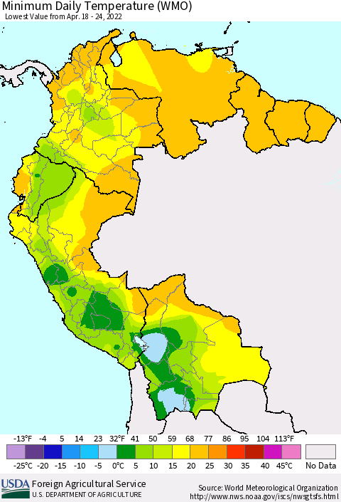 Northern South America Minimum Daily Temperature (WMO) Thematic Map For 4/18/2022 - 4/24/2022