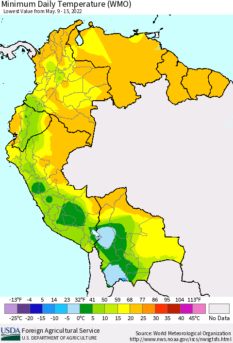 Northern South America Minimum Daily Temperature (WMO) Thematic Map For 5/9/2022 - 5/15/2022