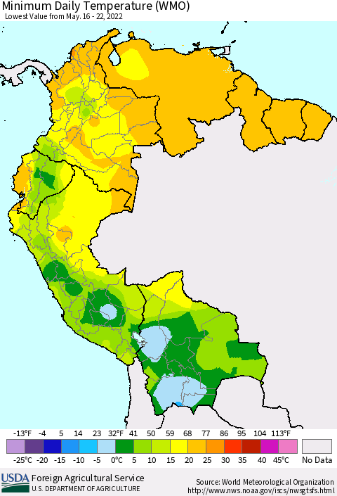 Northern South America Minimum Daily Temperature (WMO) Thematic Map For 5/16/2022 - 5/22/2022