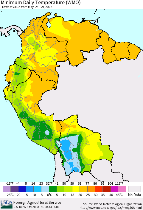 Northern South America Minimum Daily Temperature (WMO) Thematic Map For 5/23/2022 - 5/29/2022