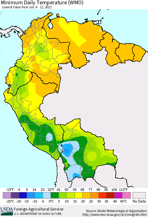 Northern South America Minimum Daily Temperature (WMO) Thematic Map For 6/6/2022 - 6/12/2022