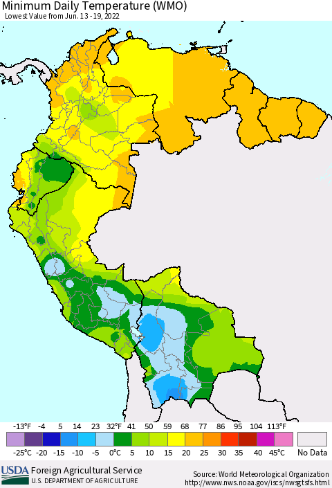 Northern South America Minimum Daily Temperature (WMO) Thematic Map For 6/13/2022 - 6/19/2022