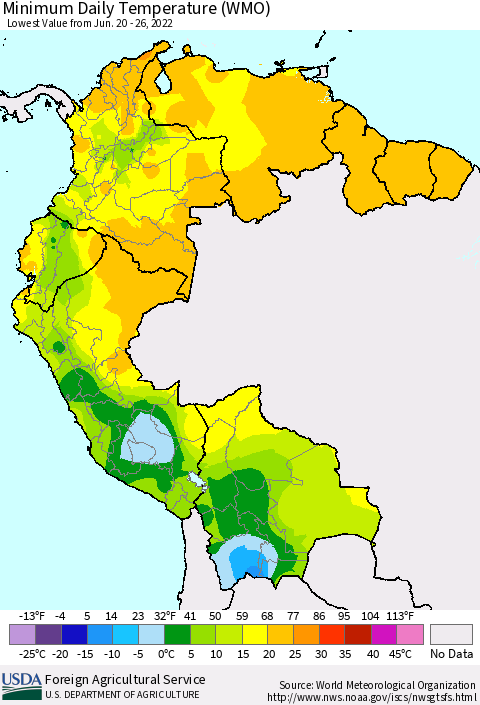 Northern South America Minimum Daily Temperature (WMO) Thematic Map For 6/20/2022 - 6/26/2022