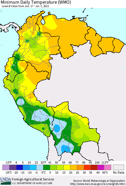Northern South America Extreme Minimum Temperature (WMO) Thematic Map For 6/27/2022 - 7/3/2022