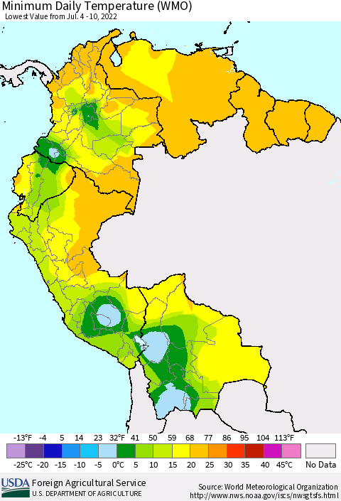 Northern South America Minimum Daily Temperature (WMO) Thematic Map For 7/4/2022 - 7/10/2022