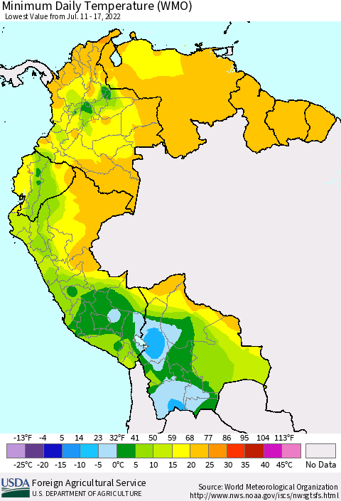 Northern South America Minimum Daily Temperature (WMO) Thematic Map For 7/11/2022 - 7/17/2022