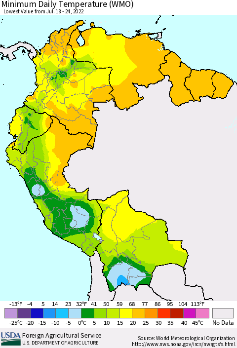 Northern South America Minimum Daily Temperature (WMO) Thematic Map For 7/18/2022 - 7/24/2022