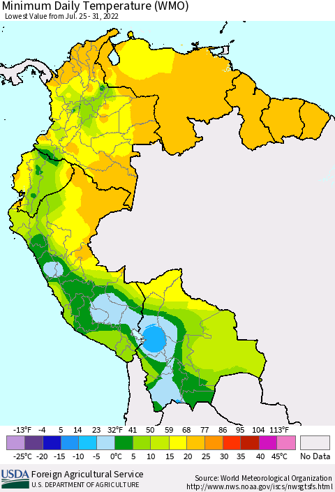Northern South America Minimum Daily Temperature (WMO) Thematic Map For 7/25/2022 - 7/31/2022