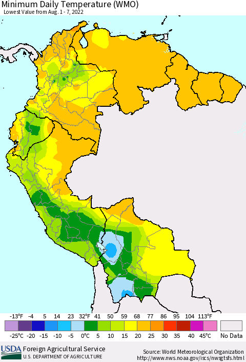 Northern South America Minimum Daily Temperature (WMO) Thematic Map For 8/1/2022 - 8/7/2022