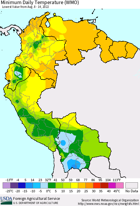 Northern South America Minimum Daily Temperature (WMO) Thematic Map For 8/8/2022 - 8/14/2022