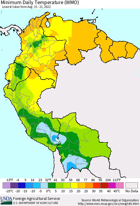 Northern South America Extreme Minimum Temperature (WMO) Thematic Map For 8/15/2022 - 8/21/2022