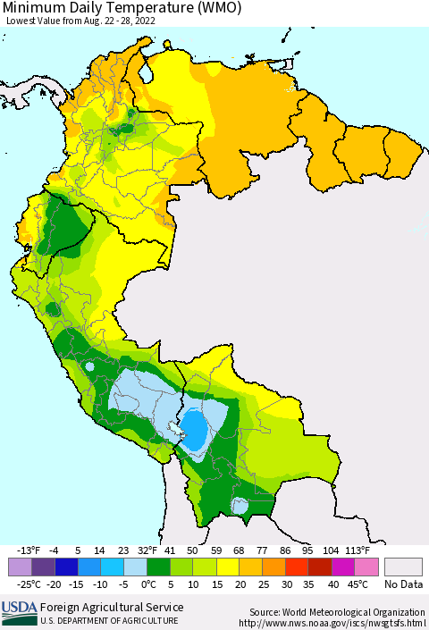 Northern South America Extreme Minimum Temperature (WMO) Thematic Map For 8/22/2022 - 8/28/2022