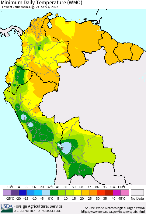 Northern South America Extreme Minimum Temperature (WMO) Thematic Map For 8/29/2022 - 9/4/2022