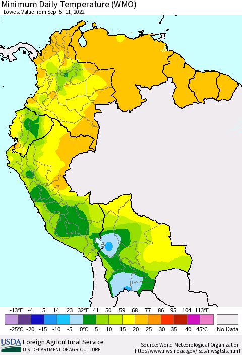 Northern South America Extreme Minimum Temperature (WMO) Thematic Map For 9/5/2022 - 9/11/2022