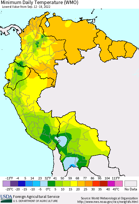 Northern South America Minimum Daily Temperature (WMO) Thematic Map For 9/12/2022 - 9/18/2022