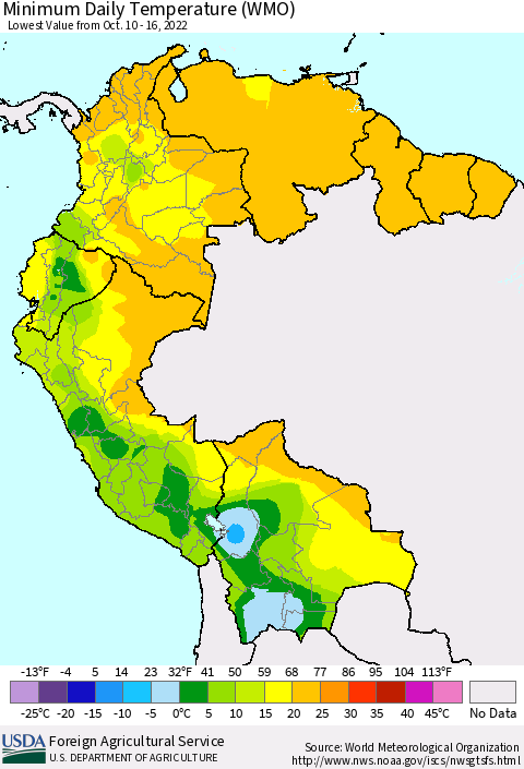 Northern South America Minimum Daily Temperature (WMO) Thematic Map For 10/10/2022 - 10/16/2022