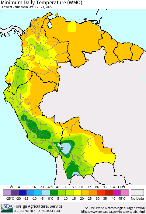 Northern South America Minimum Daily Temperature (WMO) Thematic Map For 10/17/2022 - 10/23/2022